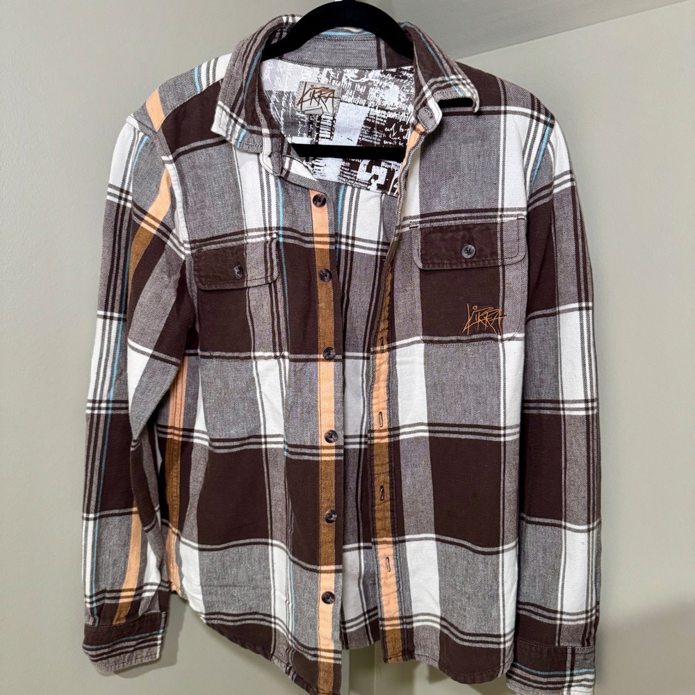Kirra Plaid Flannel Shirt Mens Medium Brown‎ White Orange Long Sleeve Button Up
